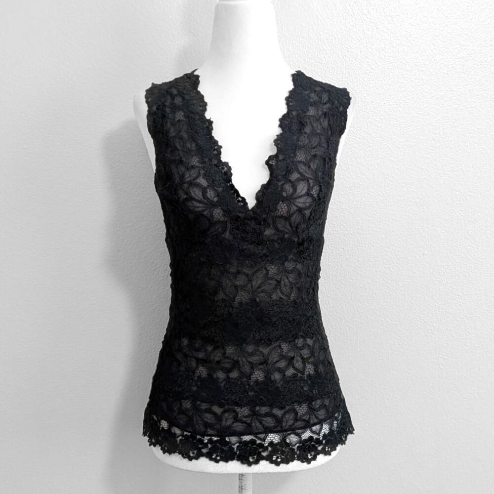 Josie Natorie Black Gothic Floral Rose Parfait Lace Tank Top | Size XL